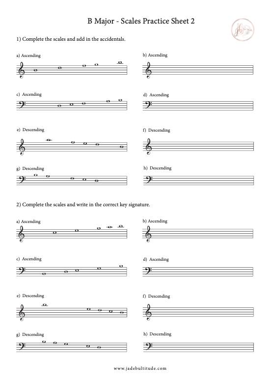 Scale Worksheet, B Major, key signatures and accidentals